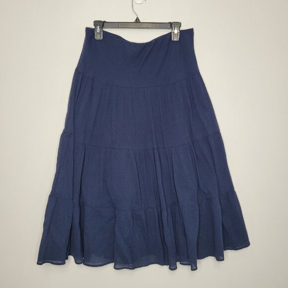 Chaps navy blue tiered pull on cottage cotton minimalist midi maxi skirt medium - Picture 2 of 6